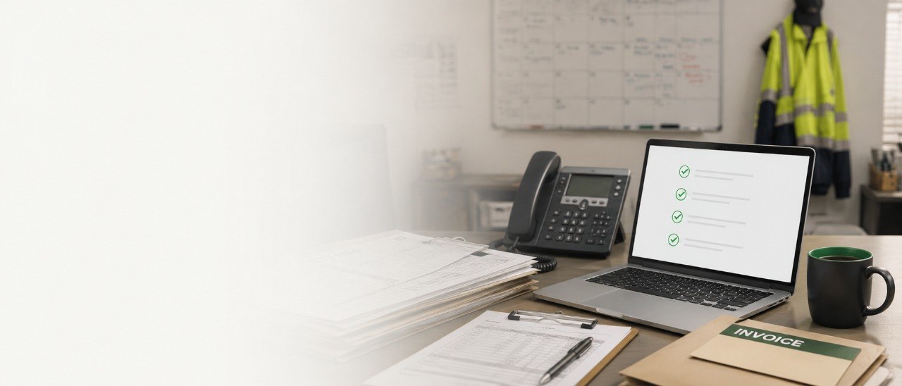 Field-service office desk with job paperwork, invoice files, and a completed workflow checklist