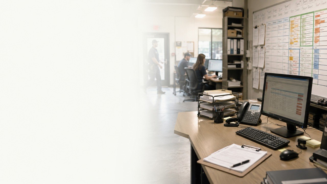 Service-business office workspace with job records, billing work, and a team coordinating from one shared office
