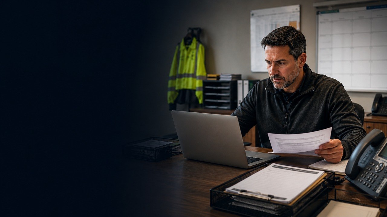 Service business owner reviewing office documents at a laptop