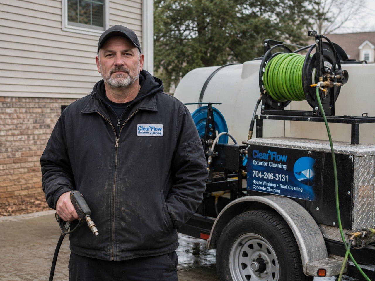 Field service technician with a tablet by a service van.