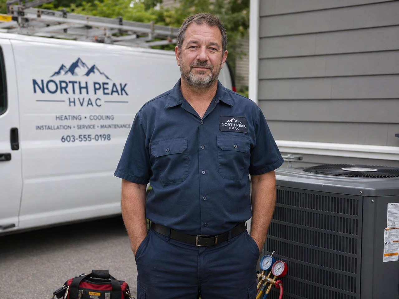 Service team working beside a company vehicle